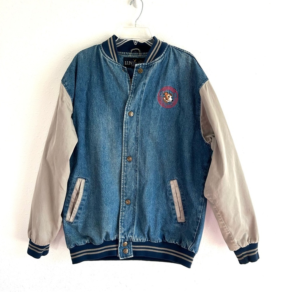 Greyhound Dog Logo Jacket Men's Size L Blue Denim Bomber Pet Racer
